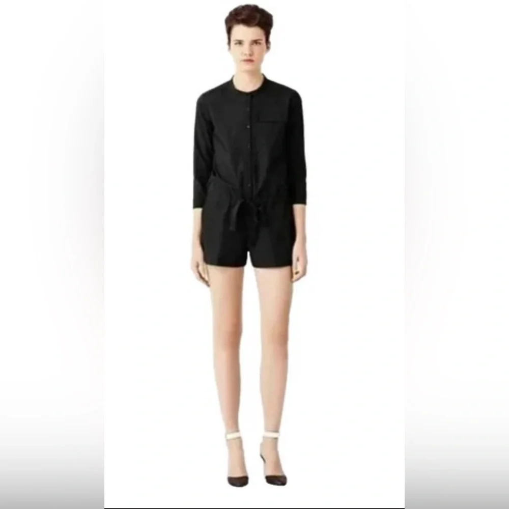 Kate Spade Saturday Black Button-Up Cinch Waist Canvas Half Sleeve Romper